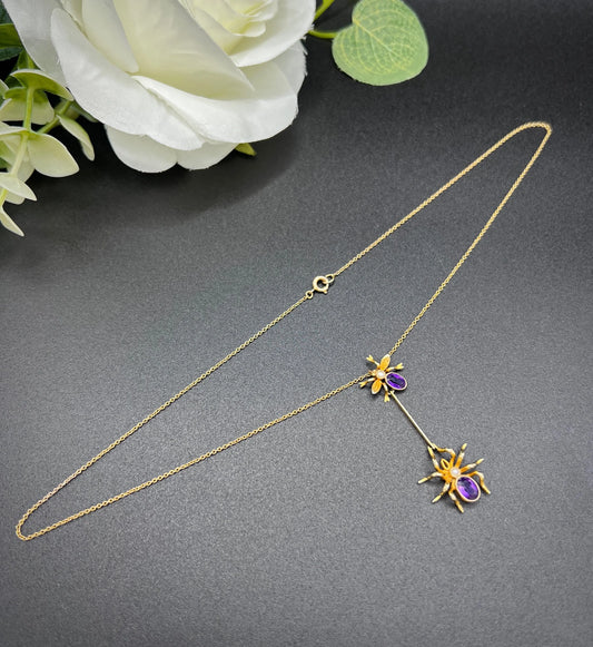 Antique 9 ct Gold, Edwardian Amethyst Spider And Fly Bug Pendant Necklace