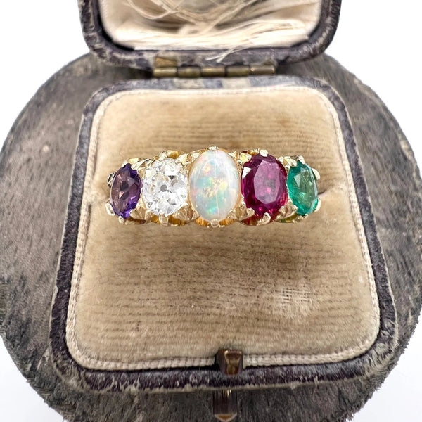 Antique Victorian ADORE Acrostic Ring 18ct Gold with Amethyst Diamond Opal Ruby Emerald