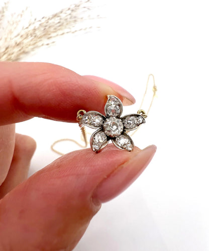 Antique 9 Carat Gold, Victorian Old Cut Diamond Flower Pendant Necklace