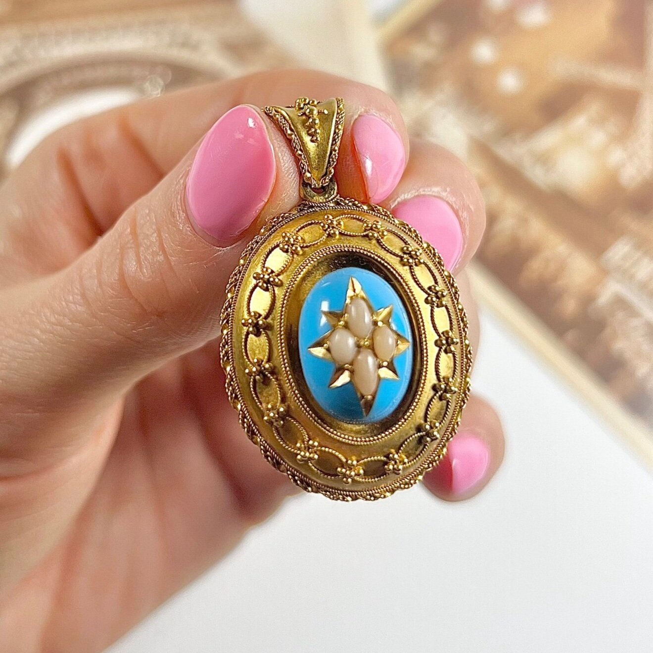 Early Victorian Antique 15ct Yellow Gold Locket Pendant with Turquoise Blue Enamel Centre and Star Set Natural Coral