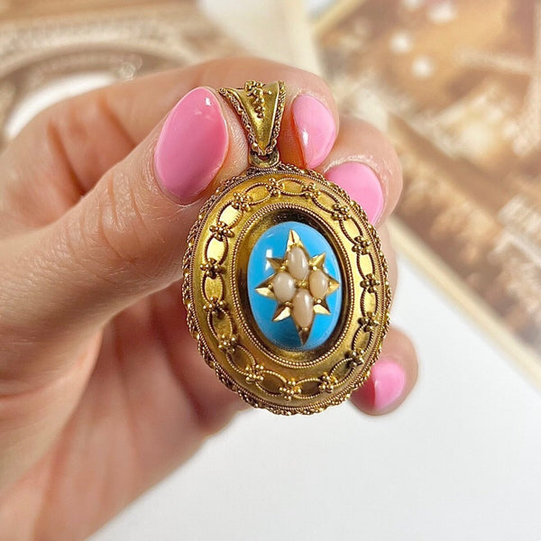 Early Victorian Antique 15ct Yellow Gold Locket Pendant with Turquoise Blue Enamel Centre and Star Set Natural Coral