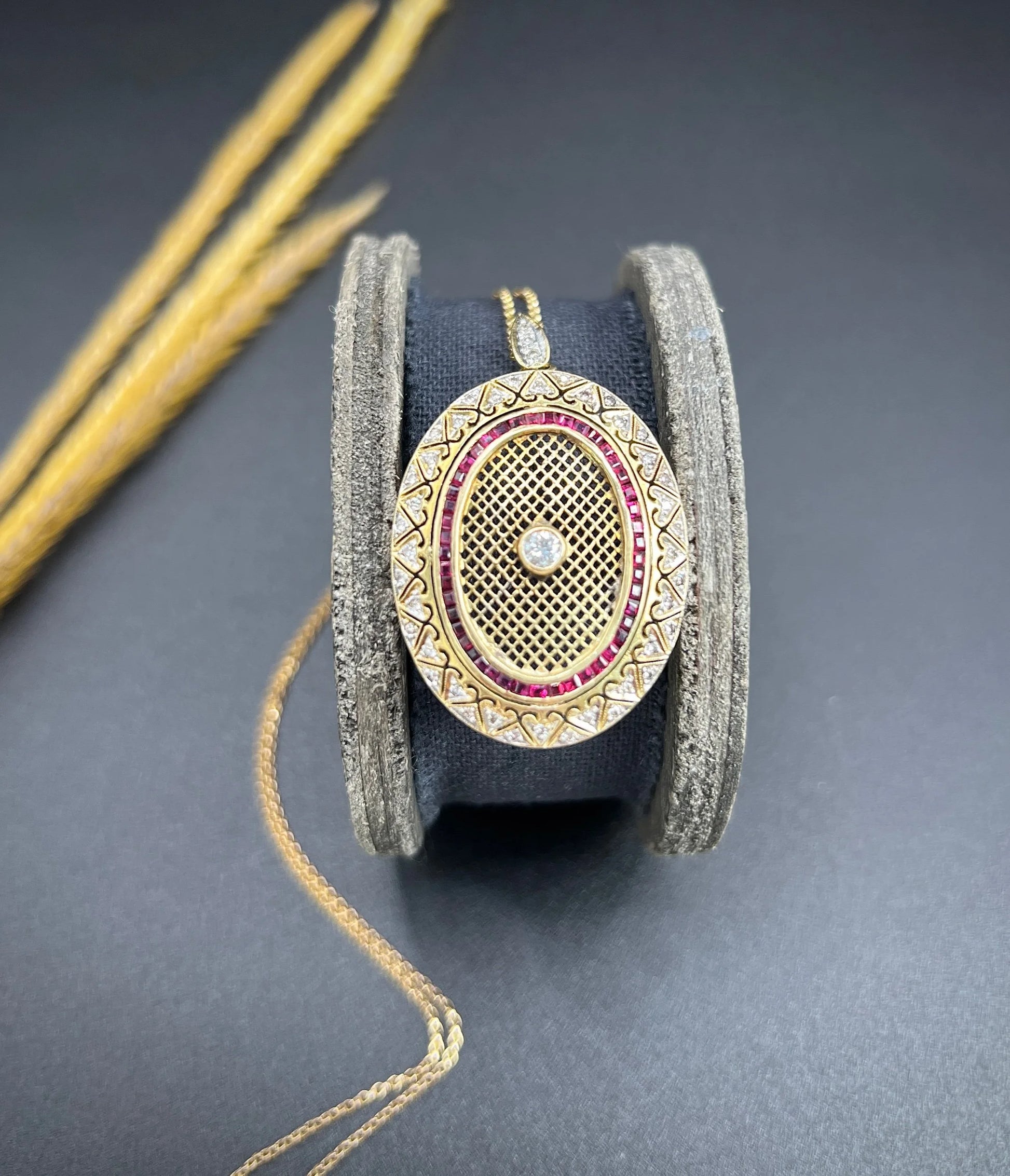 Vintage 18 Carat Gold Stamped Ruby And Diamond Oval Pendant