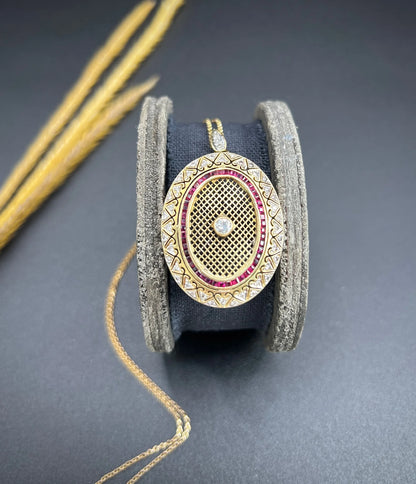 Vintage 18 Carat Gold Stamped Ruby And Diamond Oval Pendant