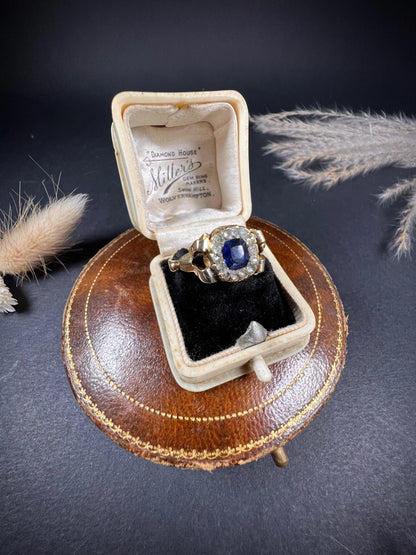 Antique 18 ct Gold Victorian Sapphire And Diamond Cluster Engagement Ring