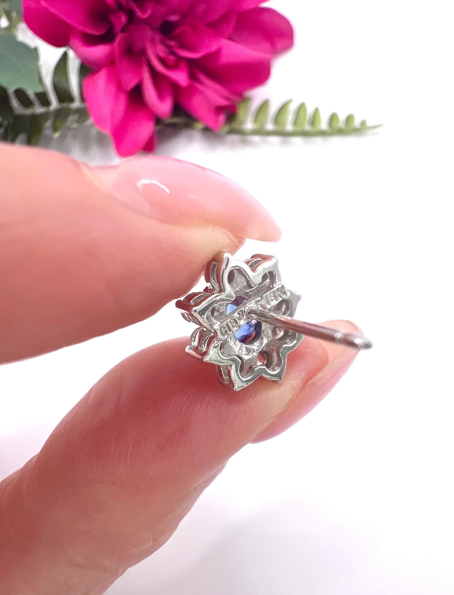 Vintage 18 ct White Gold, 1980's Natural Sapphire And Diamond Oval Cluster Earrings