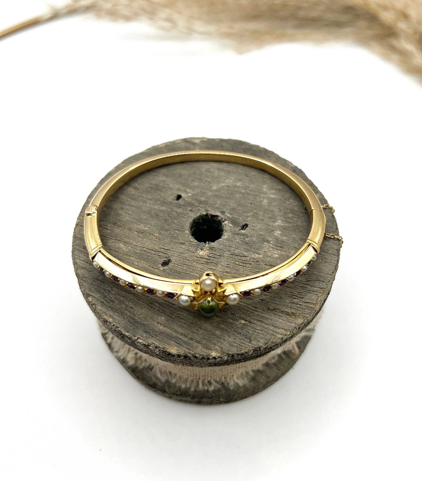 Antique 15 Carat Gold Peridot, Amethyst and Pearl Suffragette Bangle, Circa 1910