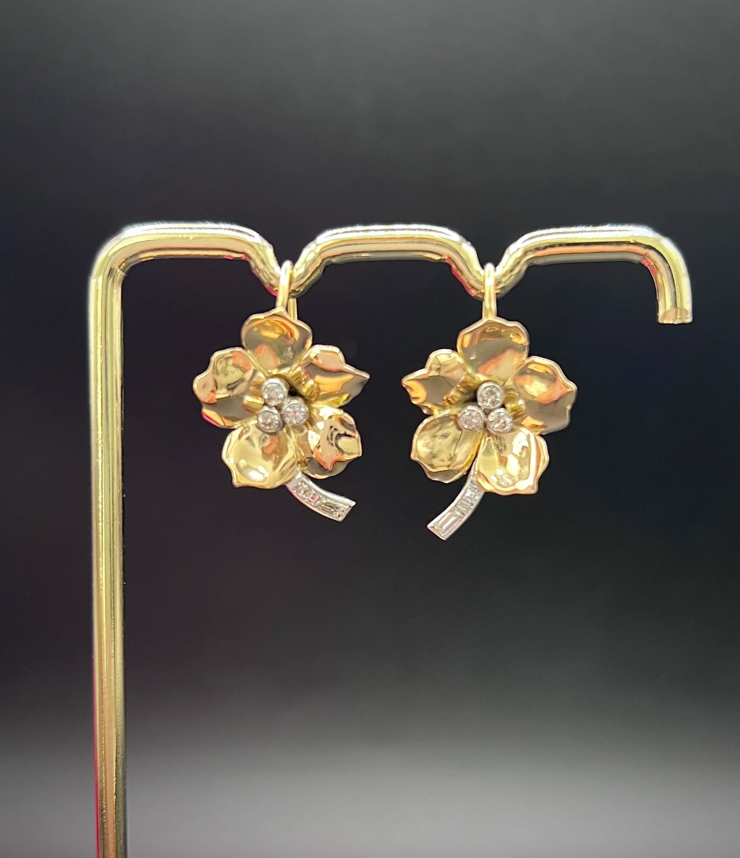 Vintage 18 Carat Yellow and White Gold Diamond Flower Earrings, Circa 1940