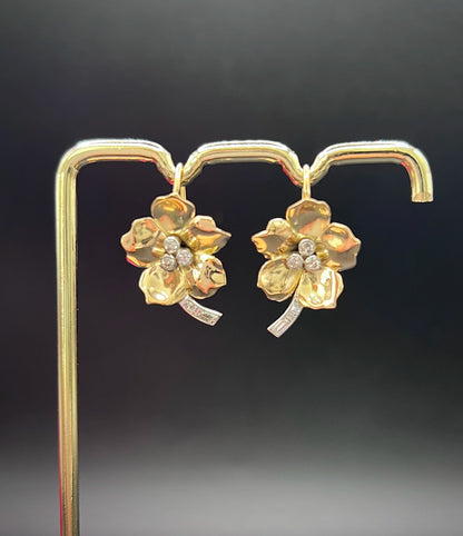 Vintage 18 Carat Yellow and White Gold Diamond Flower Earrings, Circa 1940