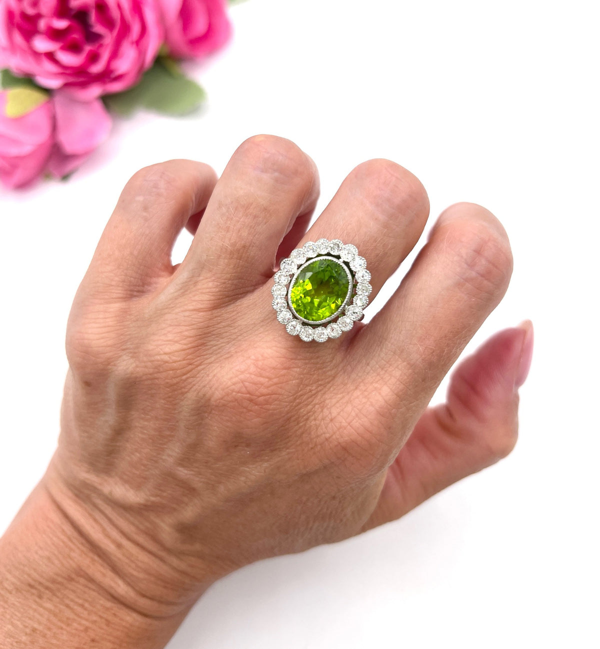 Antique French Platinum Peridot and Diamond Halo Cluster Ring, Circa 1910