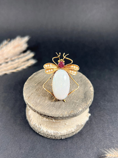 Antique 15 Carat Gold Edwardian Almandine Garnet, Opal And Pearl Insect Brooch