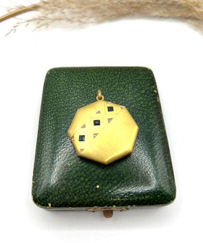 Vintage 15 Carat Yellow Gold Octagonal Shaped Sapphire and Diamond Locket, Circa 1930