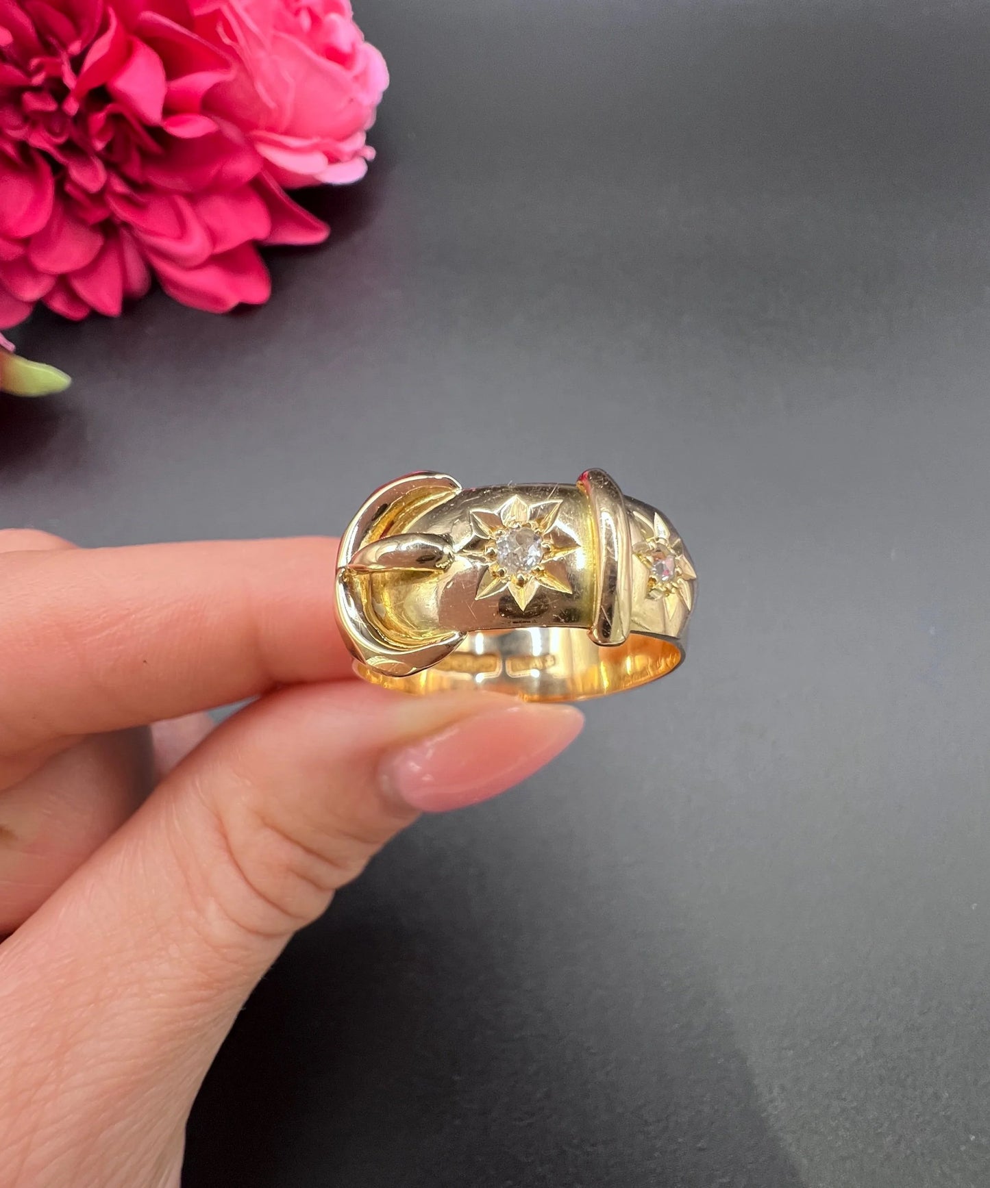 Antique 18ct Yellow Gold, Star Set Diamond Buckle/Belt Ring, Hallmarked Birmingham 1919
