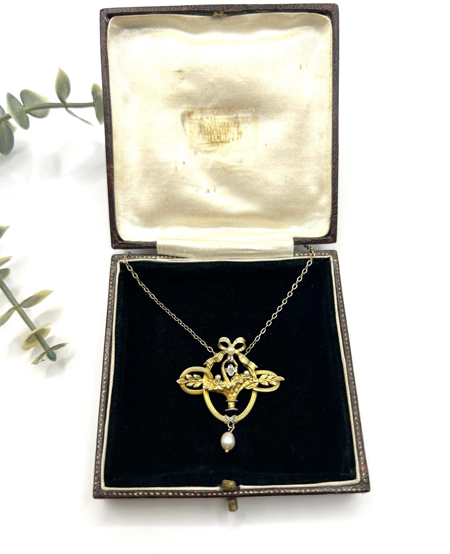 Antique 18 ct Gold, Edwardian Diamond And Seed Pearl Floral Basket Pendant Necklace