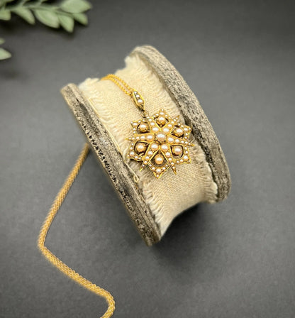 A yellow gold brooch/pendant with pearls in the shape of a star, with a chain