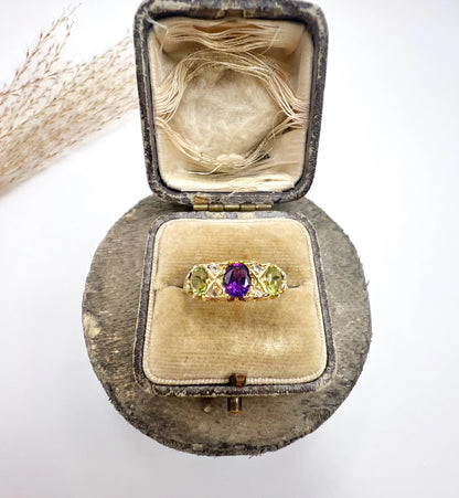 Antique 18 ct Yellow Gold, Amethyst, Diamond And Peridot Suffragette Ring