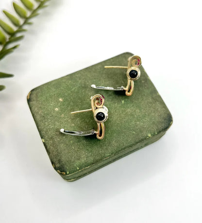 Art Deco Earrings With Old Cut Diamonds, Rubies And Onyx In 18 Carat Yellow And White Gold