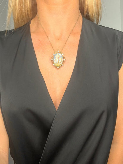 Antique Enamel, Pearl And Diamond Venus And Cupid Brooch In 14 Carat Yellow Gold