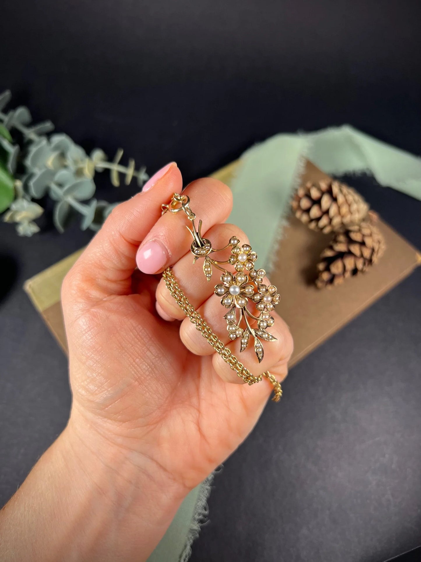 Edwardian 15 Carat Gold Pearl Flower Bouquet Pendant, Circa 1910