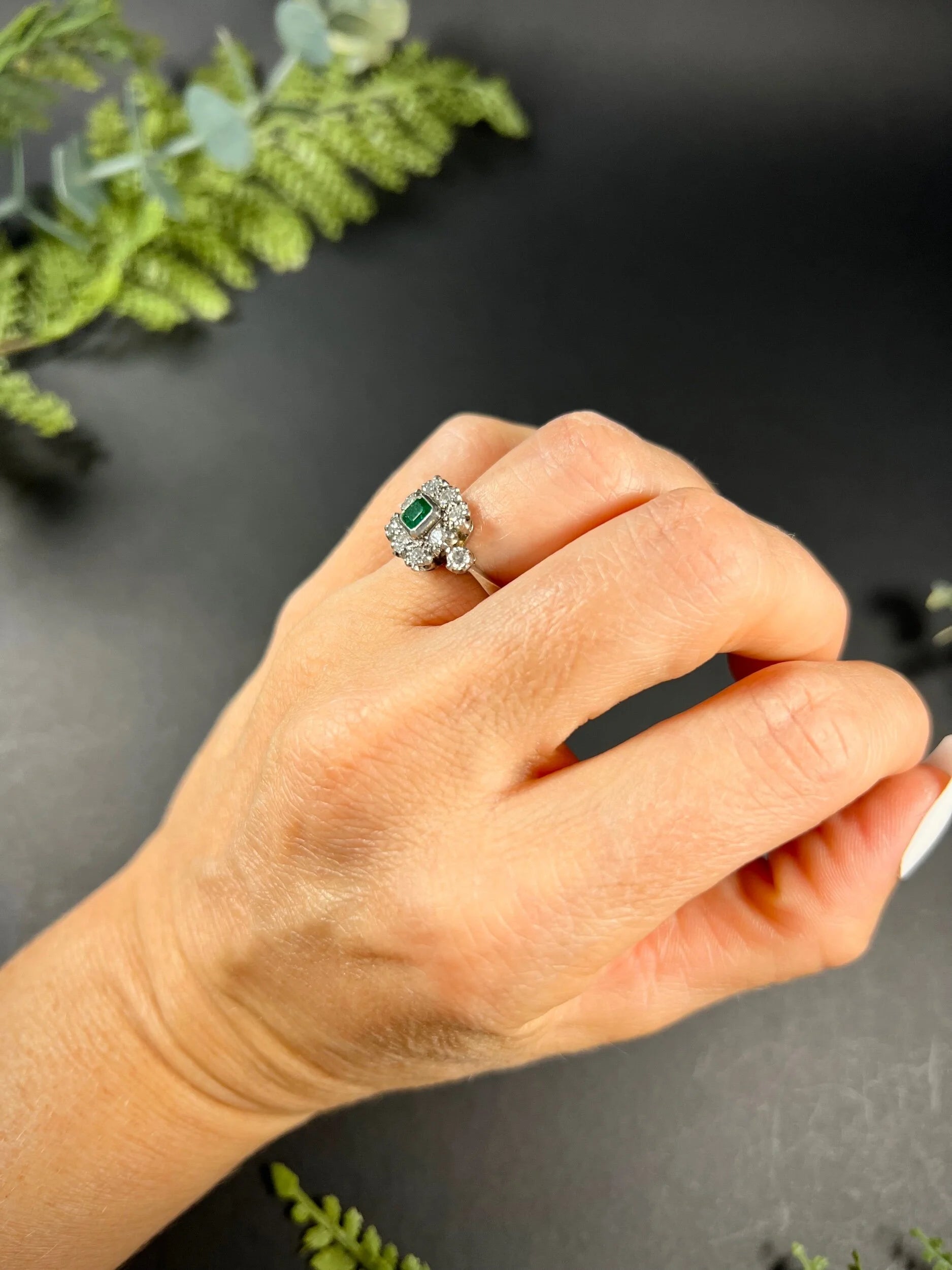 Vintage 18 Carat White Gold Emerald and Diamond Square Cluster Ring, Circa 1940