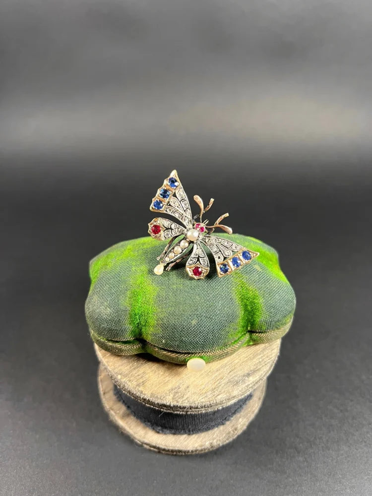 Antique Butterfly Brooch in 18 Carat Rose Gold And Silver With Gemstones