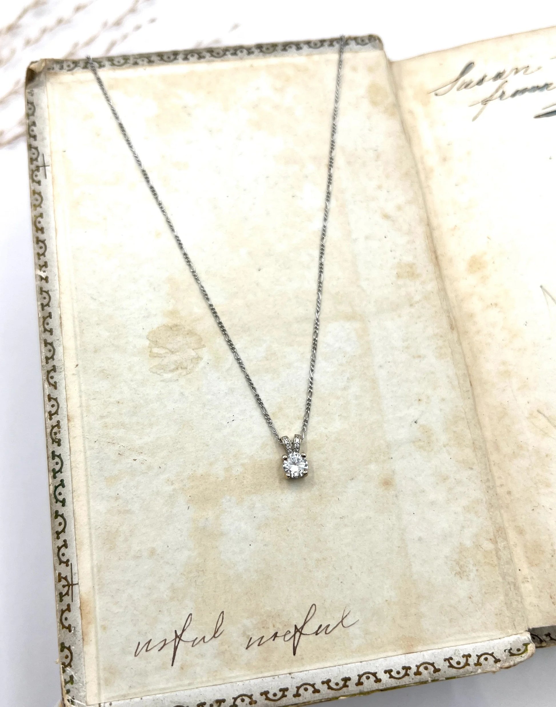 Vintage 18 ct White Gold, 1920's Diamond Pendant Necklace With Platinum Figaro Link Chain