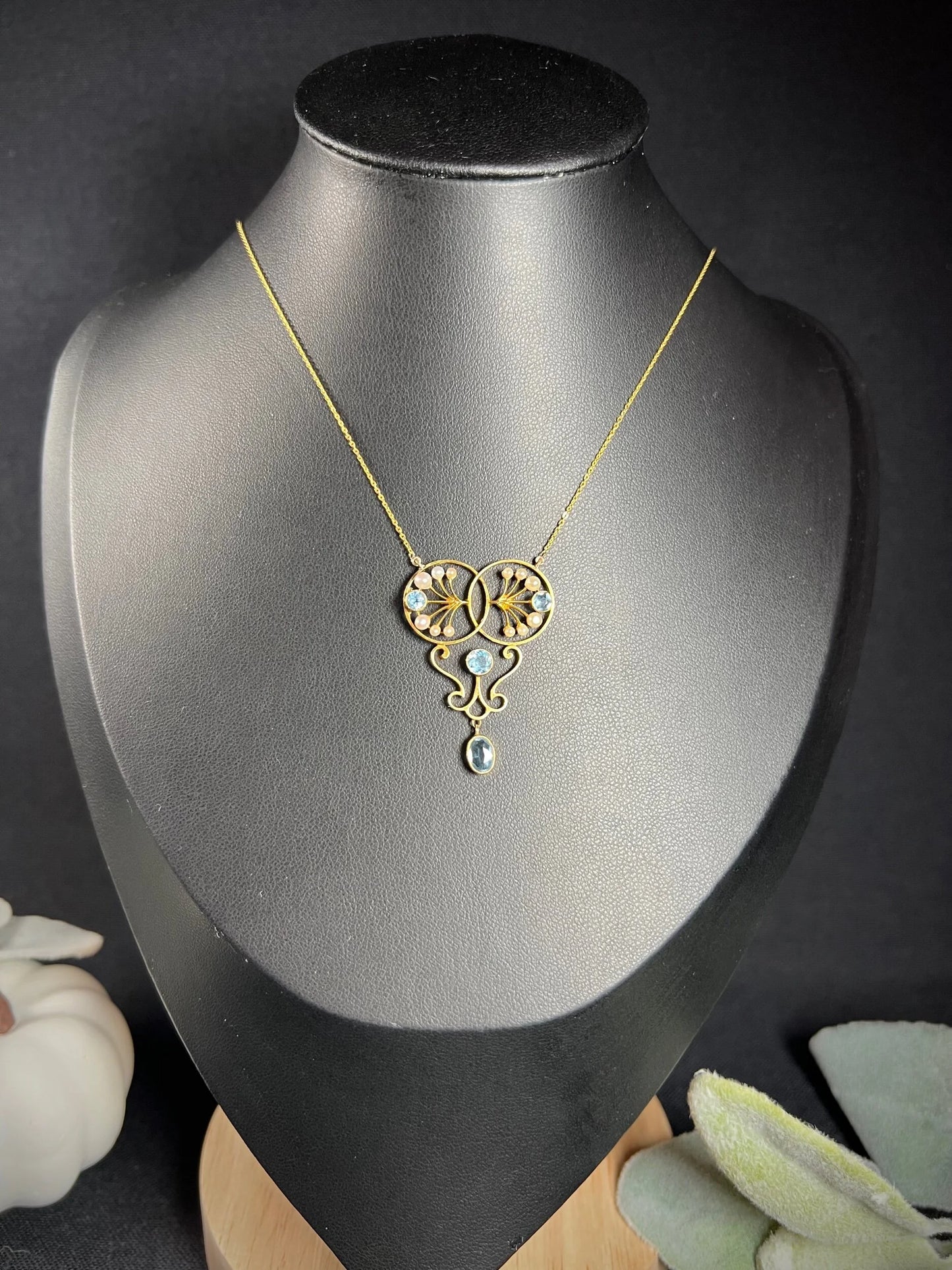 Antique 15 ct Gold Edwardian Aquamarine And Seed Pearl Pendant Necklace