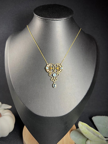 Antique 15 ct Gold Edwardian Aquamarine And Seed Pearl Pendant Necklace