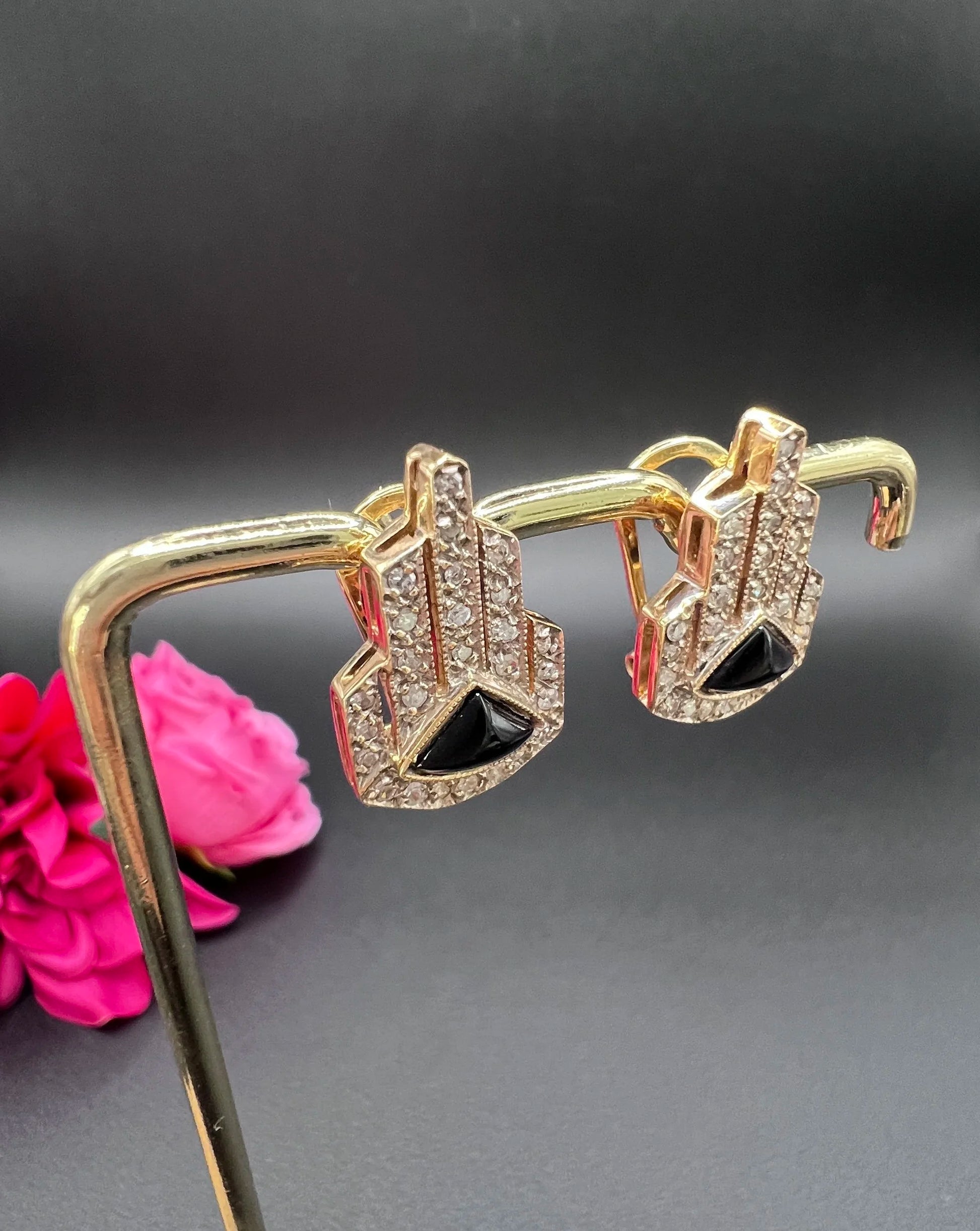 Vintage 14 ct Gold, Italian 1940's Art Deco Design, Diamond And Onyx Earrings