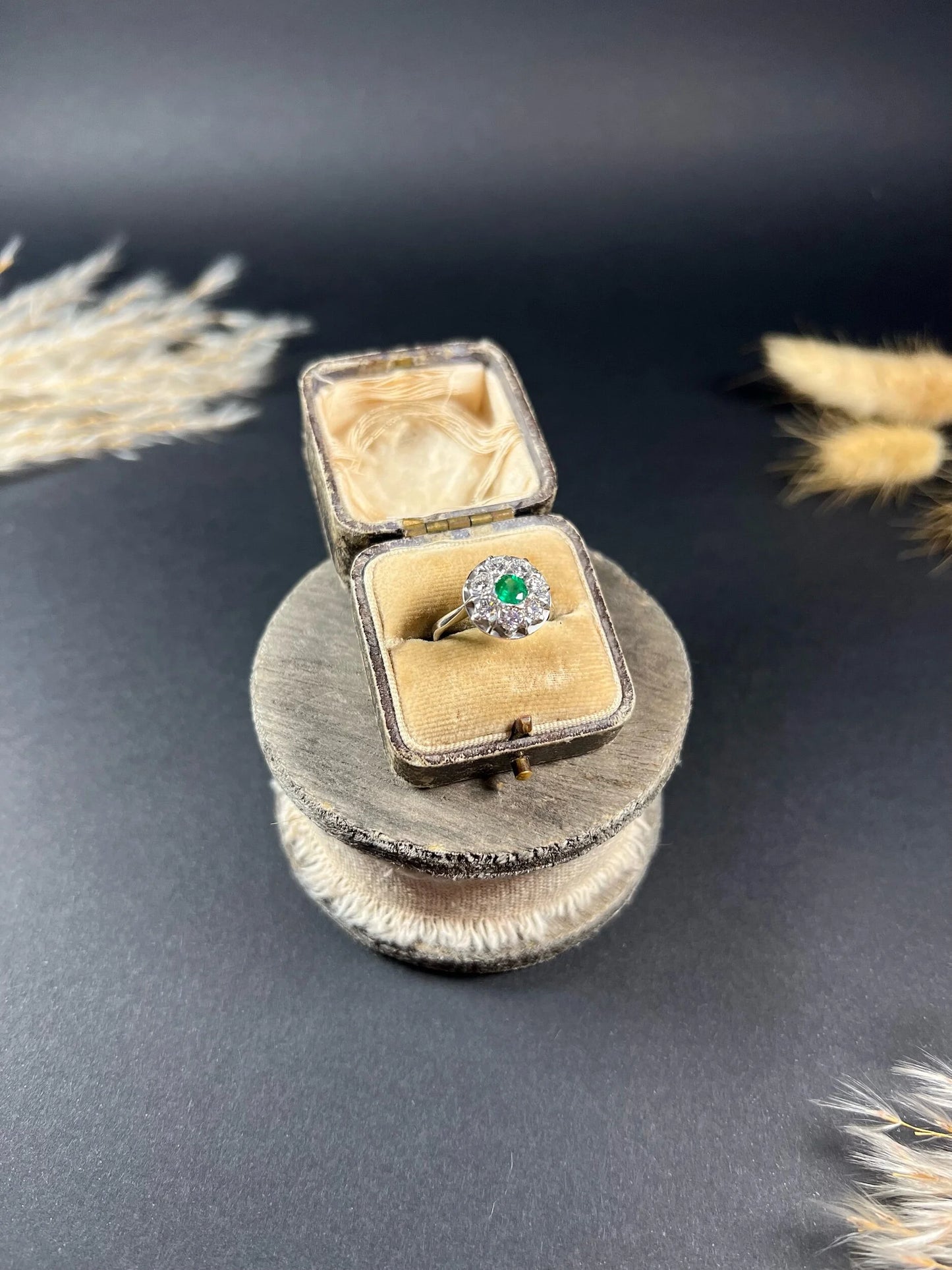 Vintage 18ct White Gold, 1940s Emerald Diamond Round Cluster Engagement Ring