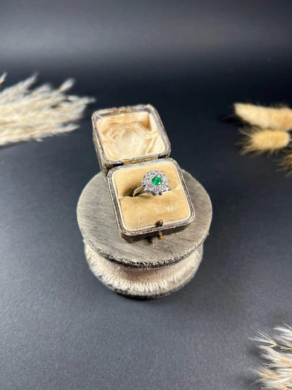 Vintage 18ct White Gold, 1940s Emerald Diamond Round Cluster Engagement Ring
