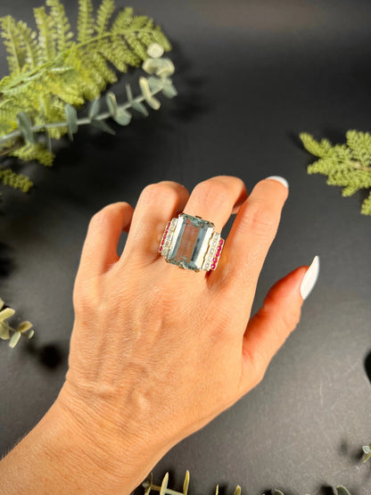 Vintage Retro 17cts Aquamarine Diamond Ruby Cocktail Ring