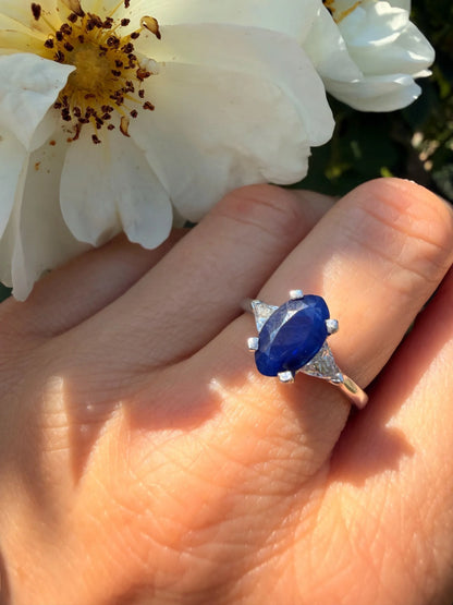 Platinum Natural Sapphire And Diamond Three Stone Engagement Ring