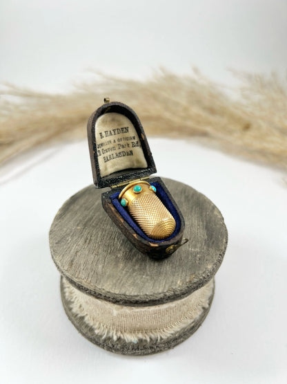 Antique 15ct Yellow Gold & Turquoise Victorian Gold Thimble with Original Antique Box