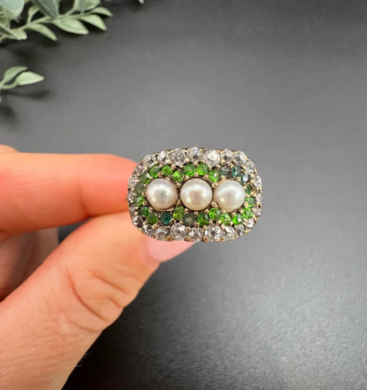 Antique Trilogy Cluster Ring In 18 Carat Yellow Gold With Gemstones