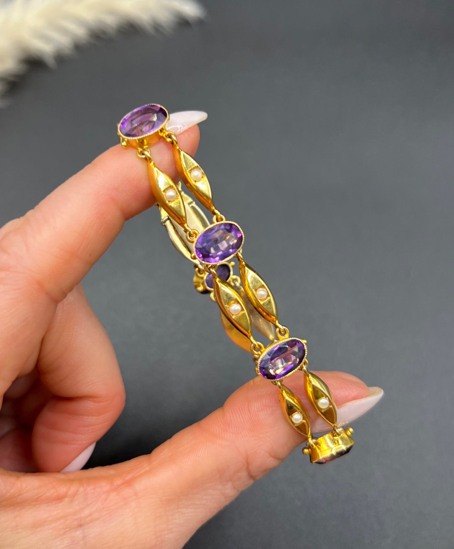 Antique Art Nouveau 15 Carat Yellow Gold Amethyst and Seed Pearl Two Row Bracelet