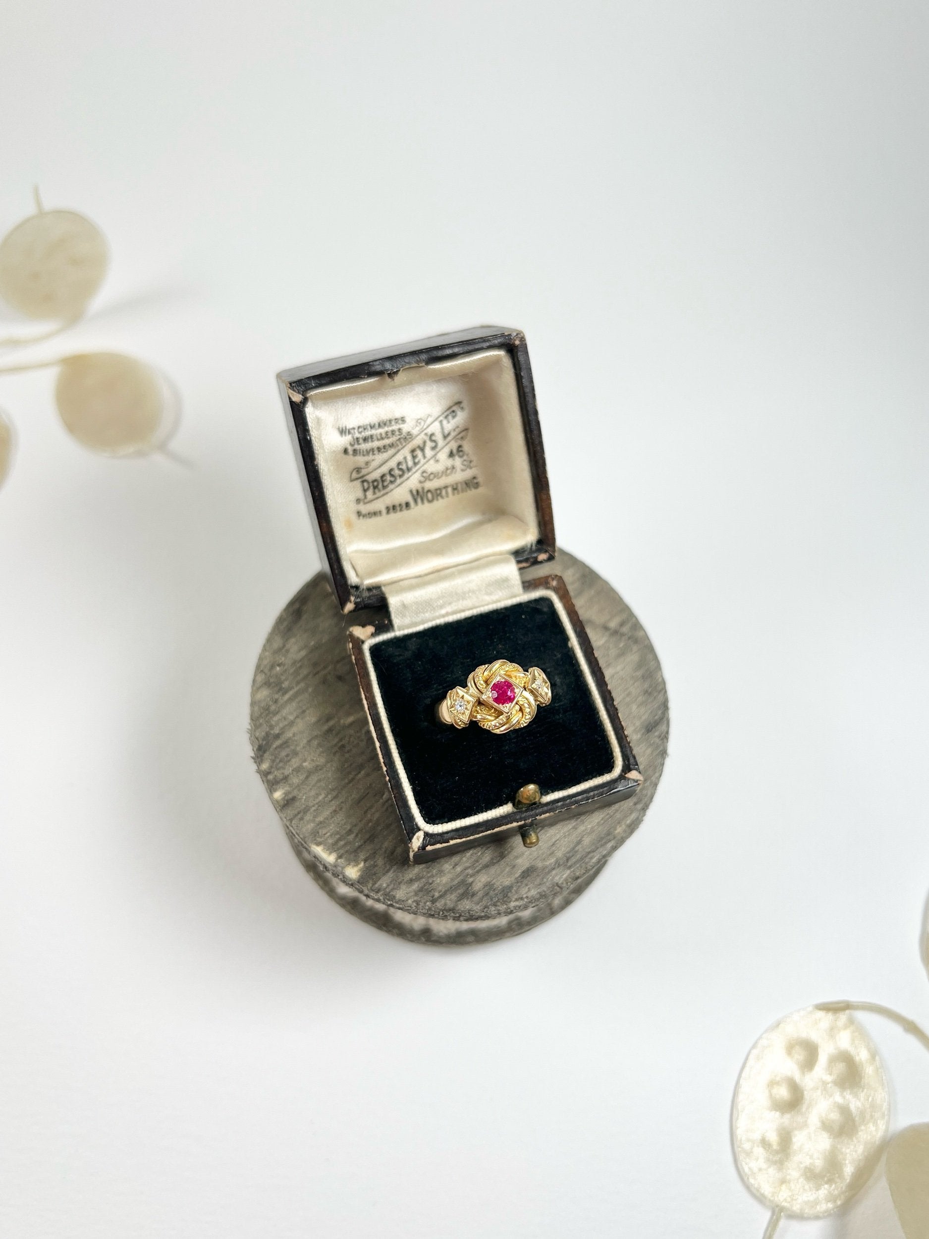 Antique 18 Carat Gold Ruby and Diamond Fancy Knot Ring, Hallmarked Birmingham 1916