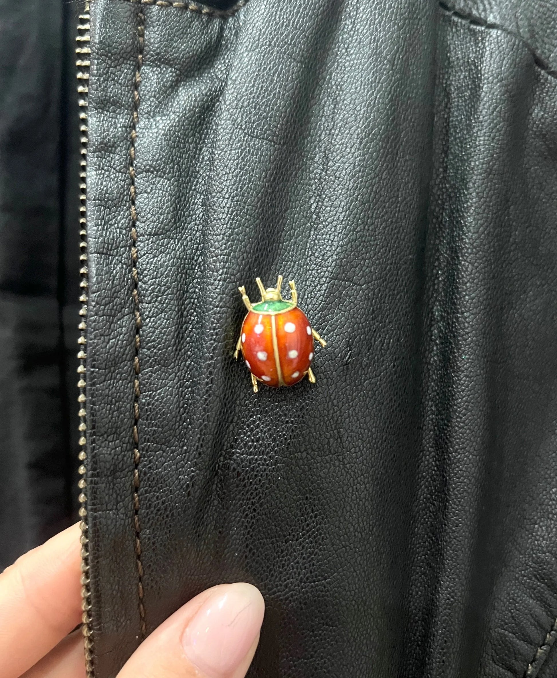 A yellow gold and enamel ladybird brooch, modelled on a black jacket