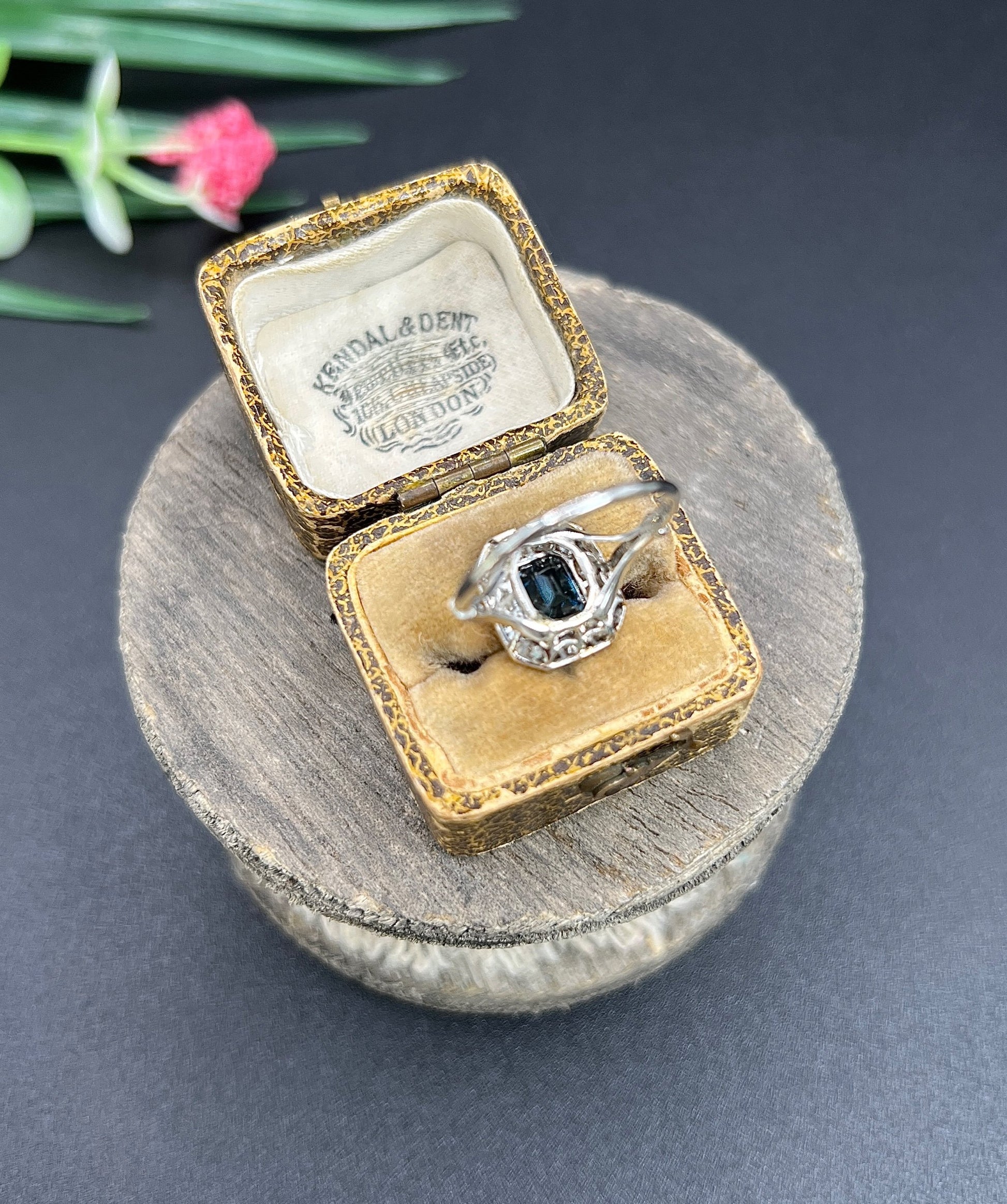 Art Deco Sapphire and Diamond Octagonal Shaped Cluster Engagement Ring 18ct gold and Platinum