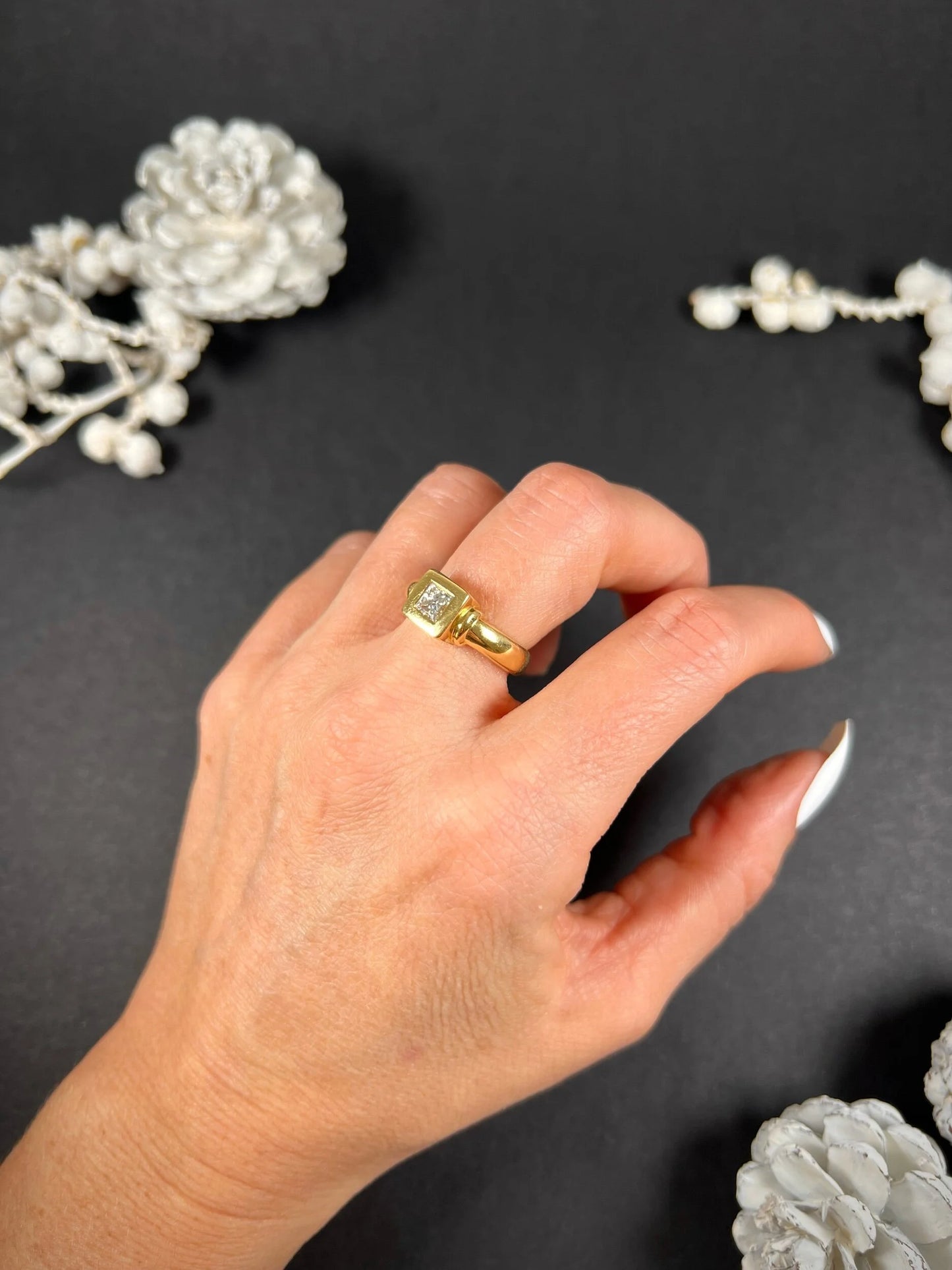 Vintage French 18 Carat Yellow Gold Princess Cut Diamond Single Stone Ring, Circa 1980