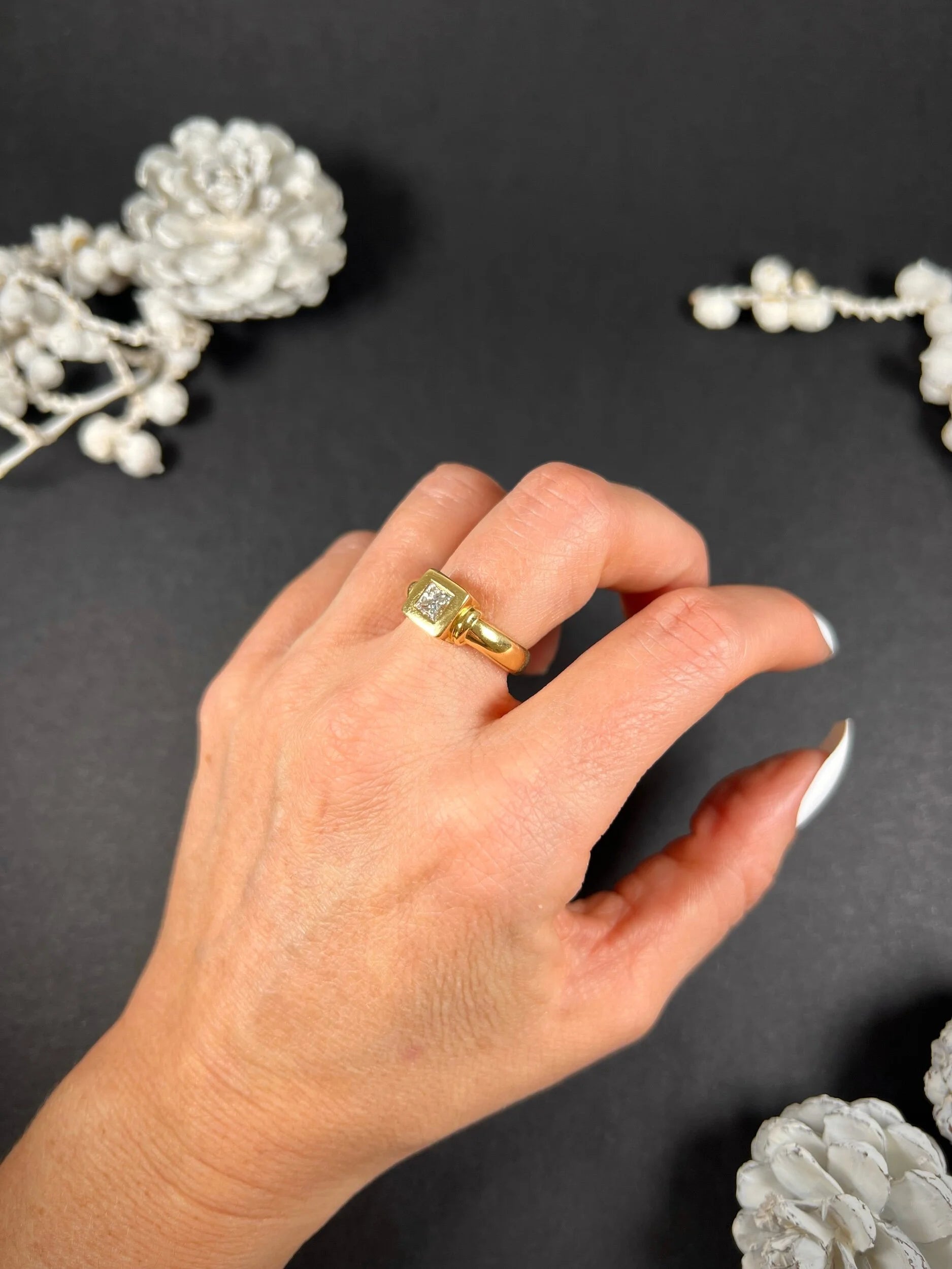 Vintage French 18 Carat Yellow Gold Princess Cut Diamond Single Stone Ring, Circa 1980