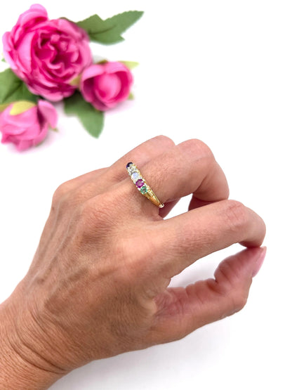 Victorian 18 Carat Gold ADORE Amethyst, Diamond, Opal, Ruby and Emerald Ring