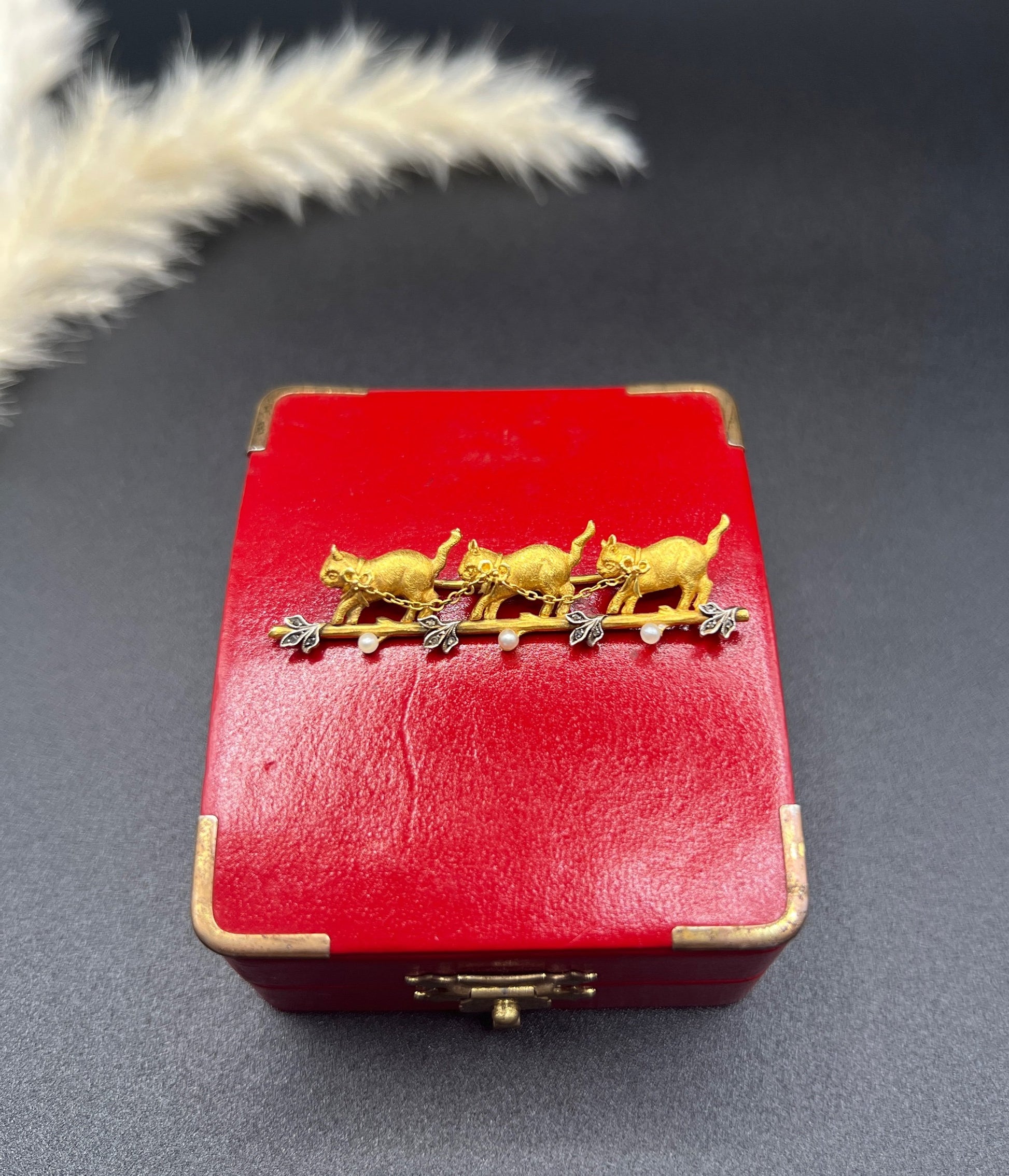 Antique 18 Carat Yellow Gold Diamond and Seed Pearl Cat Brooch, Circa 1910