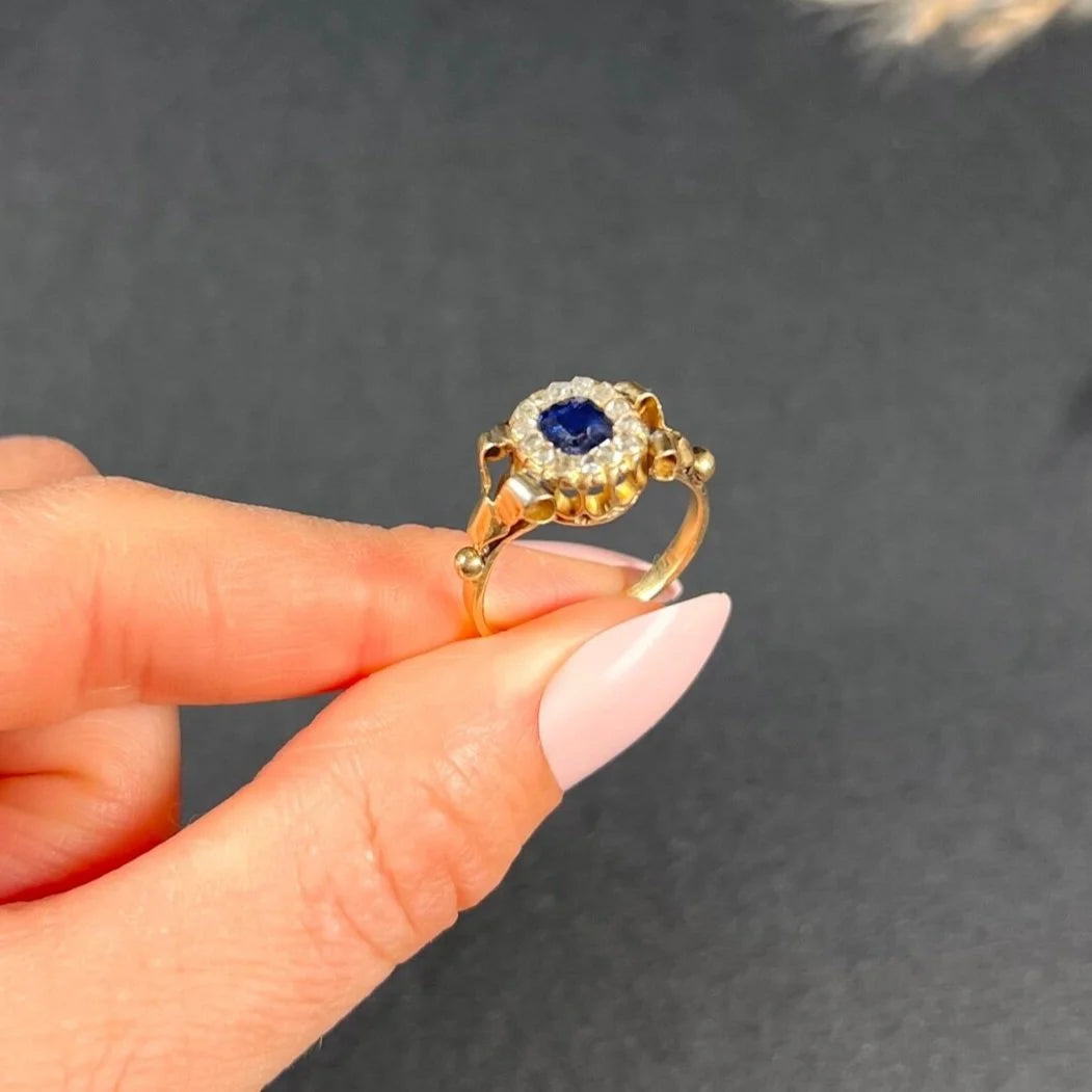 Victorian sapphire and diamond gold engagement cluster ring