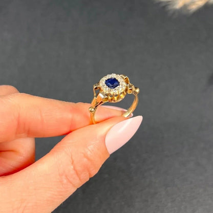 Victorian sapphire and diamond gold engagement cluster ring