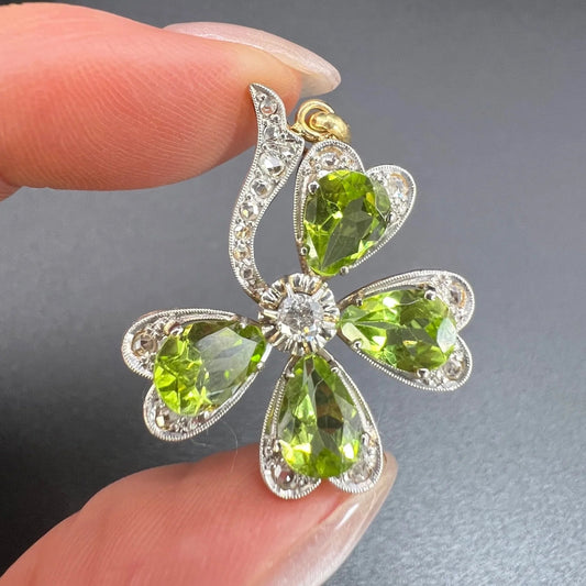 Edwardian Antique Peridot and Diamond Four Leaf Clover Pendant