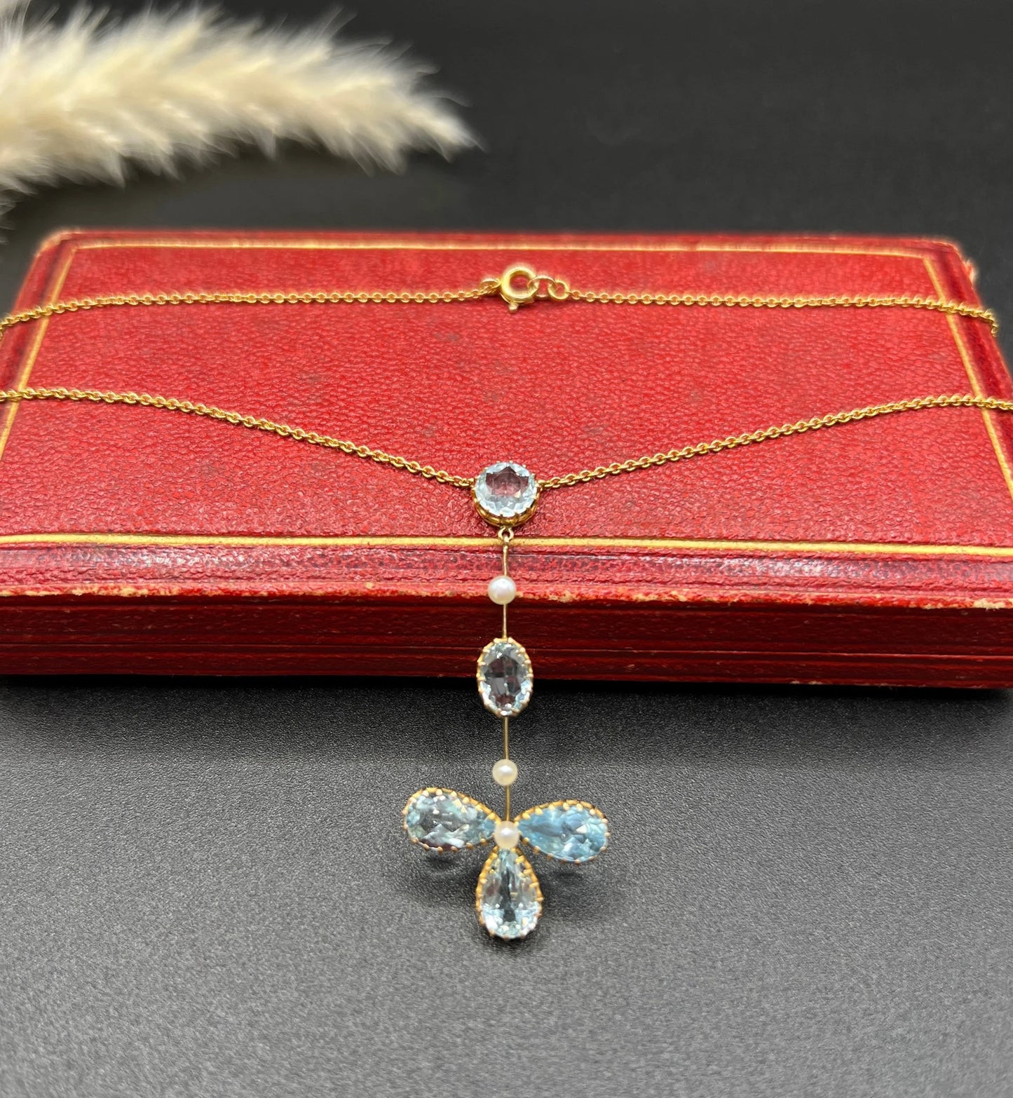 Antique 9 ct Yellow Gold, Edwardian Aquamarine And Pearl Floral Pendulum Drop Pendant