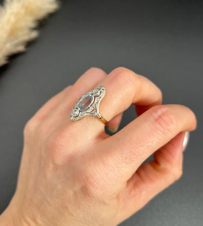 Antique Aquamarine And Diamond Three Stone Ring In 18 Carat Rose Gold And Platinum