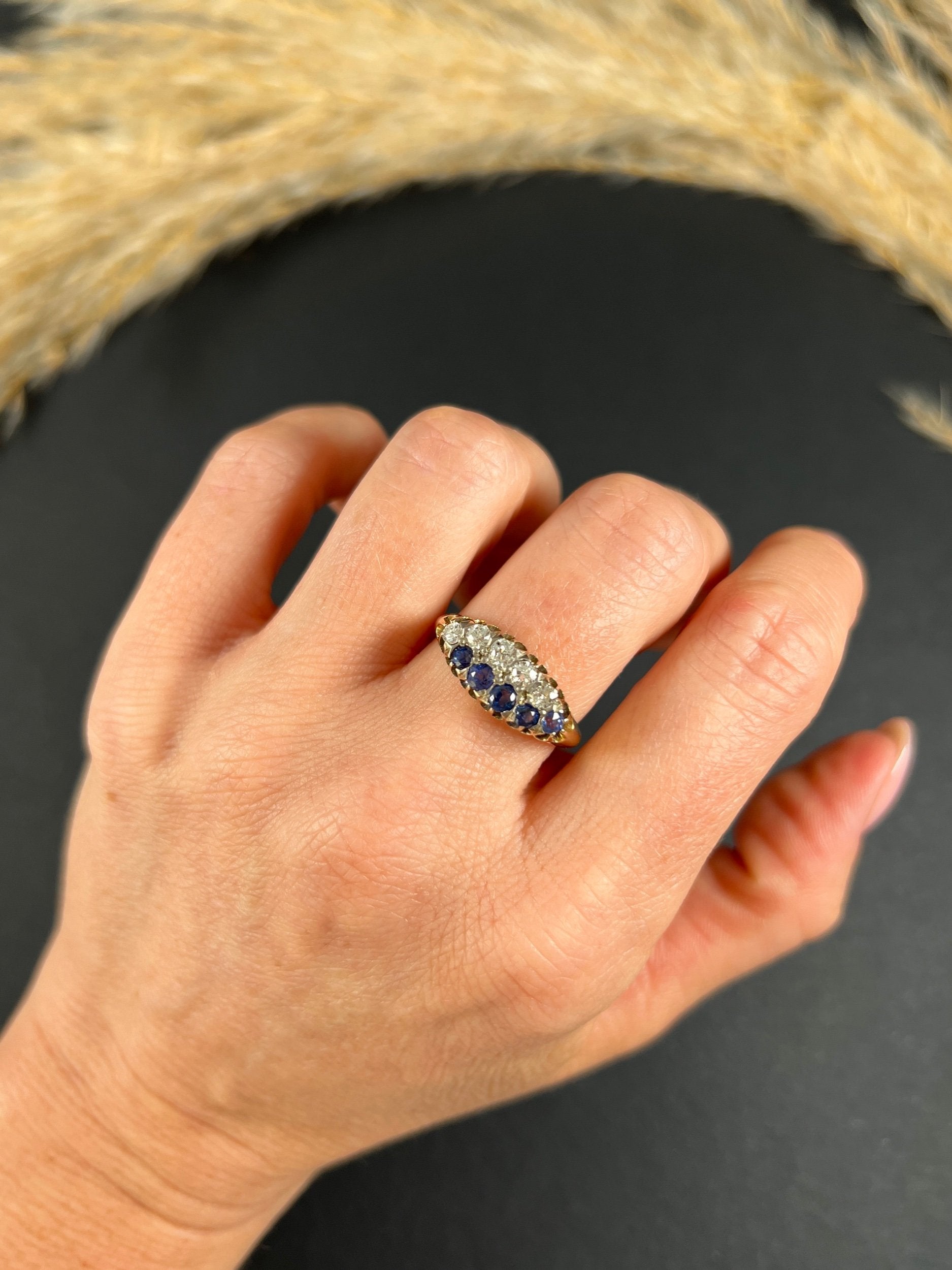 Victorian 18 Carat Gold Sapphire and Diamond Boat Shaped Ring, Circa 1880