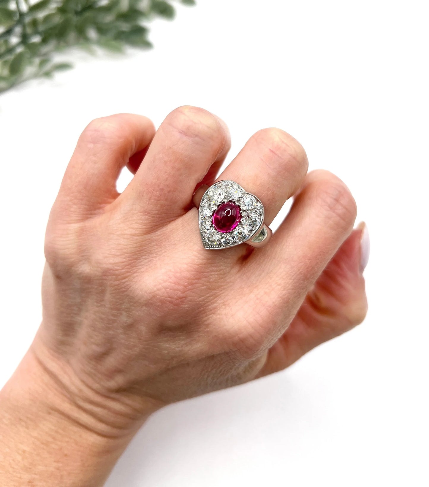 Vintage 14ct White Gold, Cabochon Ruby Heart-Shaped Diamond Cluster Ring