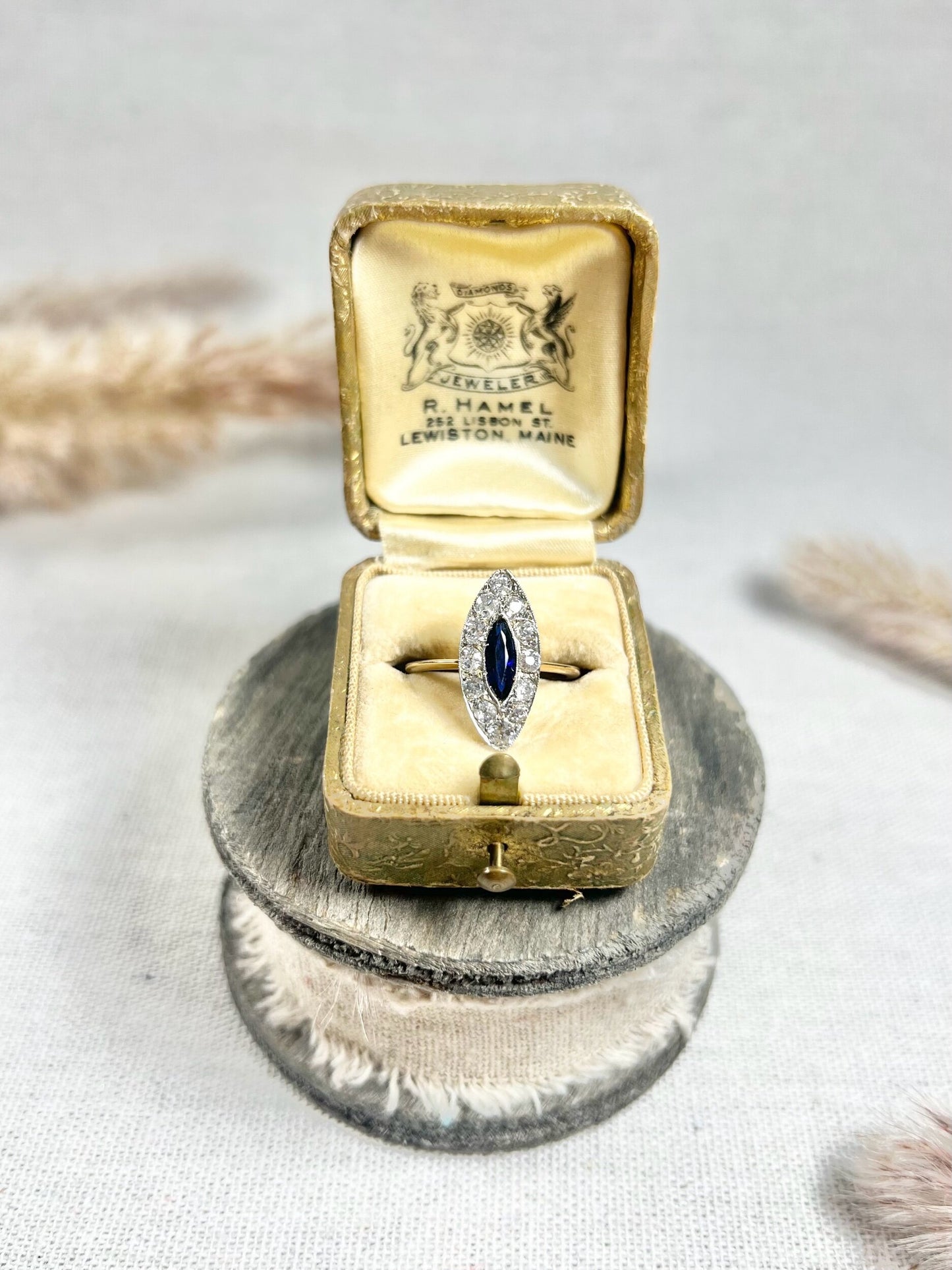Edwardian 18 Carat Gold and Platinum Sapphire Diamond Marquise/Navette Ring